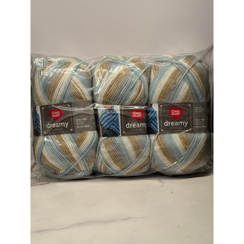 New in package set of 3 red heart dreamy stripes yarn 355 yds each - calm breeze